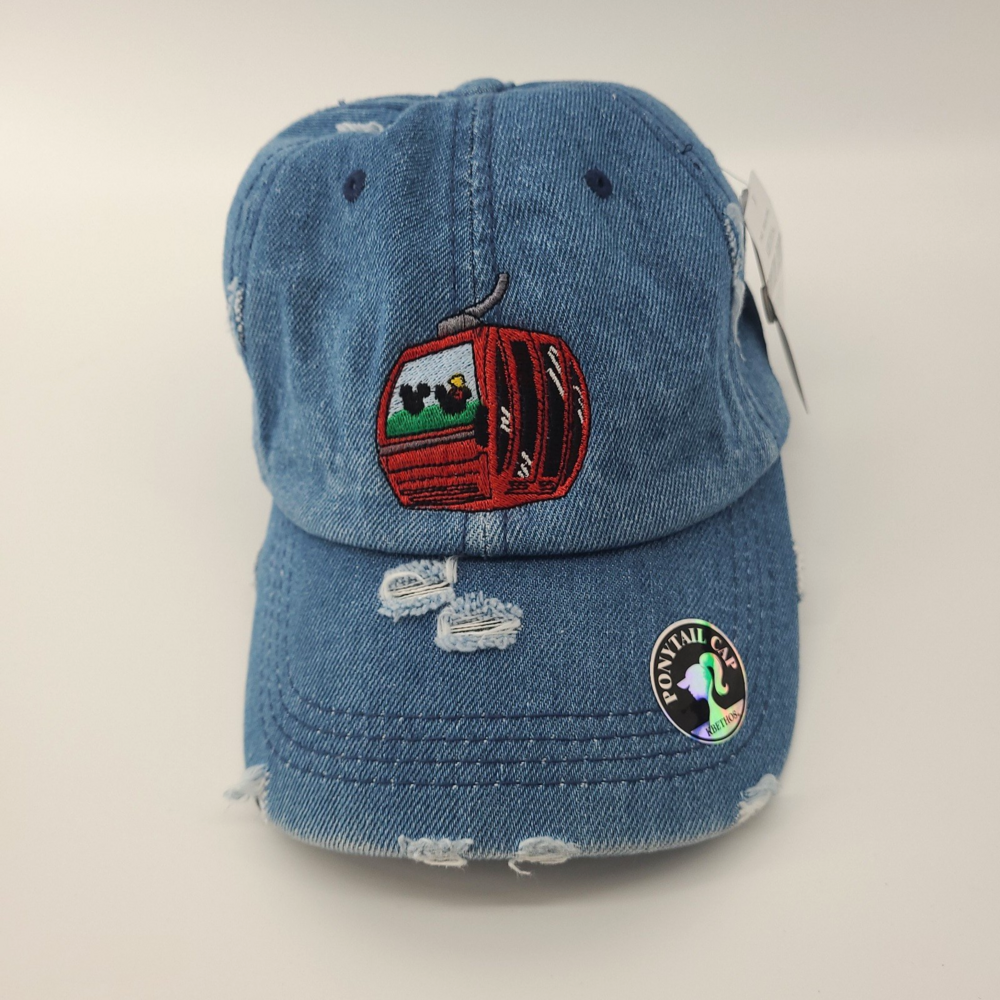 NWT KBETHOS Ponytail Baseball Cap Distressed Denim Ski Gondola Lift Hat Blue NWT